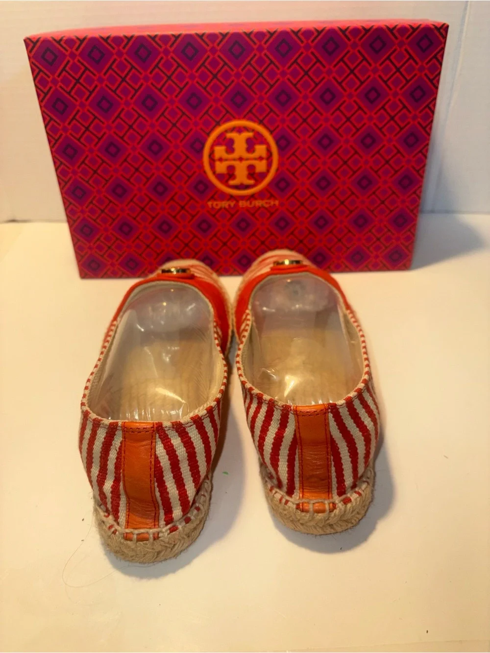 Tory Burch Orange and Cream Striped Canvas Espadrilles with Gold Logo